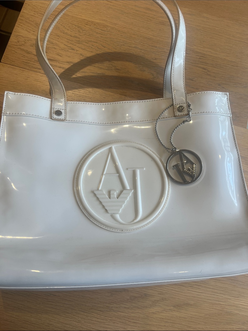 Armani Jeans Glossy White Patent Tote with AJ Medallion